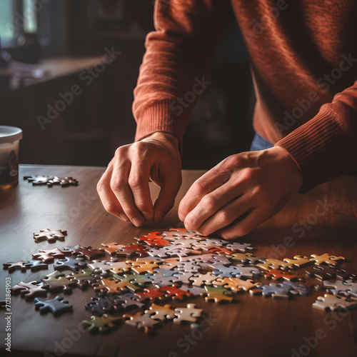 A pair of hands assembling a jigsaw puzzle.