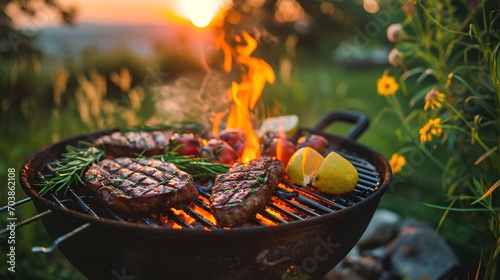 A sizzling summer barbecue scene featuring juicy meats and fresh vegetables being grilled to perfection on a smoky outdoor grill, ideal for a family dinner or a friendly gathering.