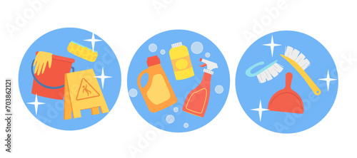 Set of objects for cleaning. Cleanliness and hygiene. Red bucket with rubber gloves. Detergent, soap and brush, sponge. Cartoon flat vector collection isolated on white background