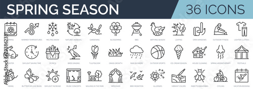 Set of 36 outline icons related to spring season. Linear icon collection. Editable stroke. Vector illustration