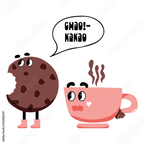Cookies and cup. Cute characters. Baby print. Funny doodles. Text Chao Kakao. Vector illustration. Perfect for printing on the fabric, design package and cover