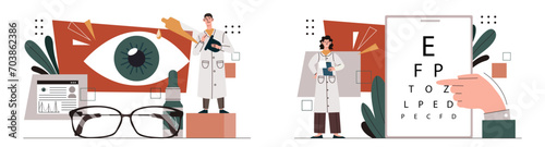 Team of ophthalmologist set. Man and woman in medical uniform with glasses. Health care, treatment and medicine. Sight assessment equipment. Cartoon flat vector collection isolated on white background