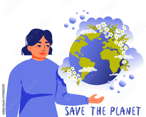 Save the Planet. Happy Earth Day.  Woman holding the globe with flowers. Concept of ecology and environmental protection. Vector illustration