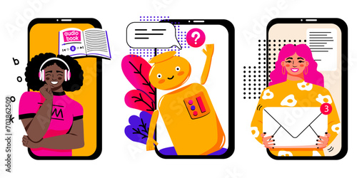 Inbox message. Audio book online. Concept of online learning. Chatbot help. Messages from the bot. Artificial intelligence. Set. Online technology in the smartphone. Vector illustration