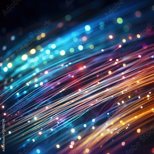 Abstract closeup fiber optic light for background, scene with bright lights, image made with generative ai technology.