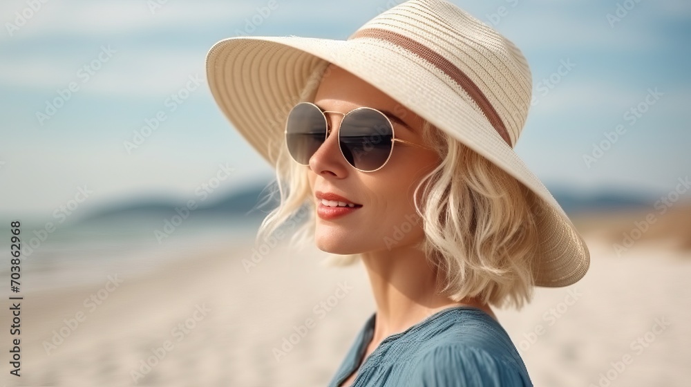 Blonde Woman in Straw Hat: Summer Beach Pose