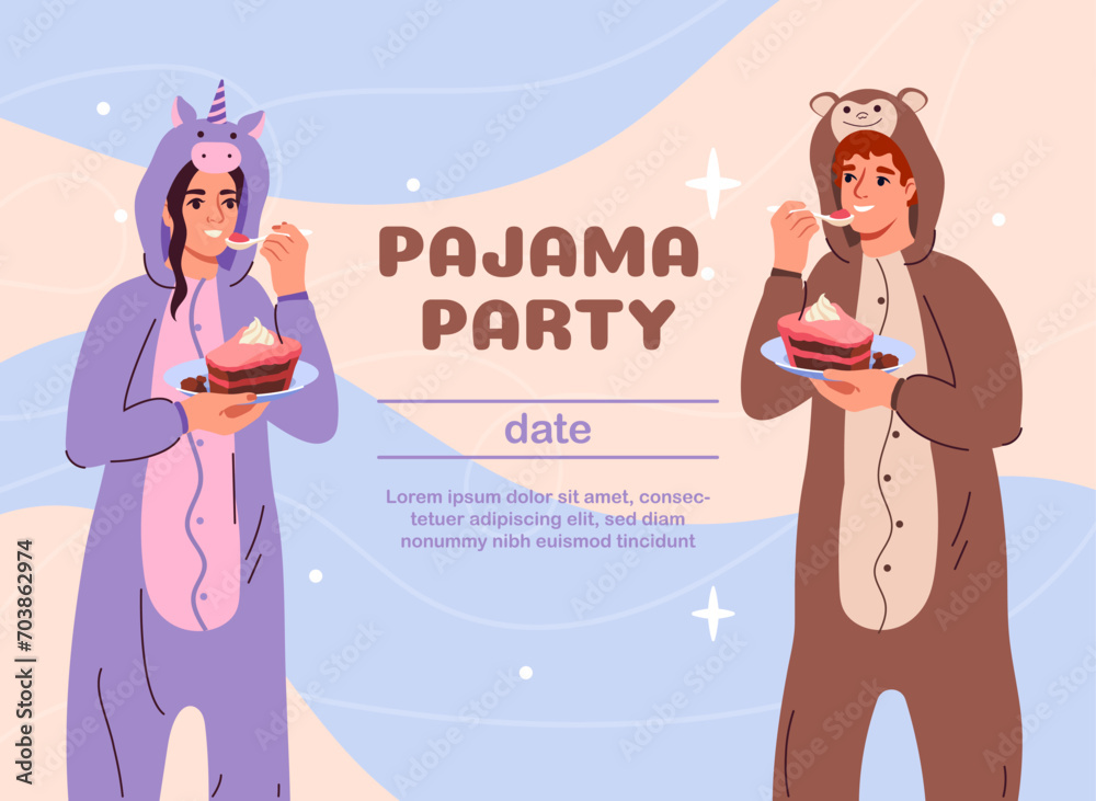 Pajama party poster. Template for greeting and invitational postcard. Young guy and girls in unicorn and bear. Comfort and coziness indoor. Party and event. Cartoon flat vector illustration Pajama party poster. Template for greeting and invitational postcard. Young guy and girls in unicorn and bear. Comfort and coziness indoor. Party and event. Cartoon flat vector illustration