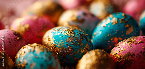 Painted eggs with glitter in gilding close-up, bright Easter background.