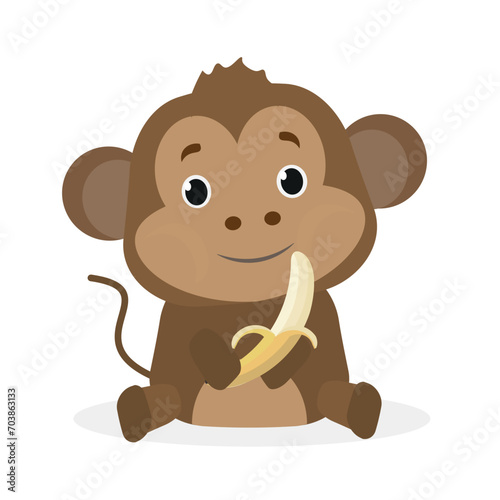 Vector kids illustration. Monkey and banana. Cute animal character. Minimal cartoon design. Sutable for apps and animation. 