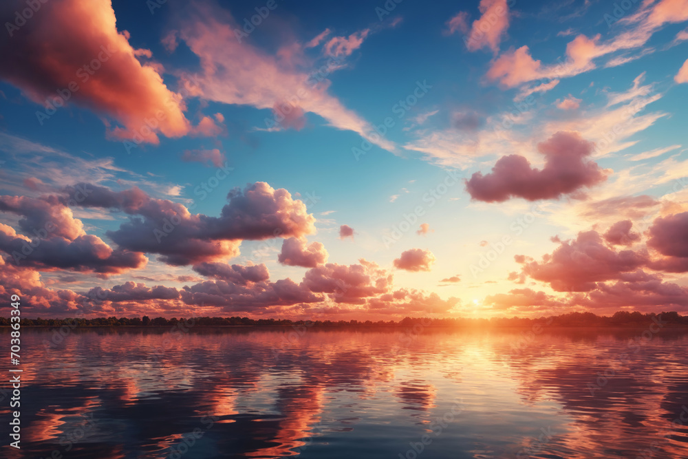 A breathtaking sunset over a calm body of water, with clouds illuminated by the setting sun’s rays reflecting beautifully on the water’s surface.