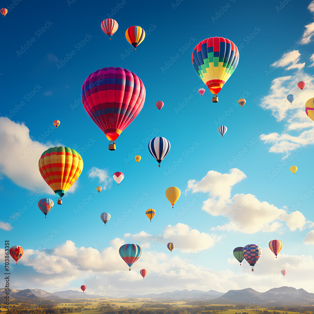 A vibrant hot air balloon festival against a clear sky.