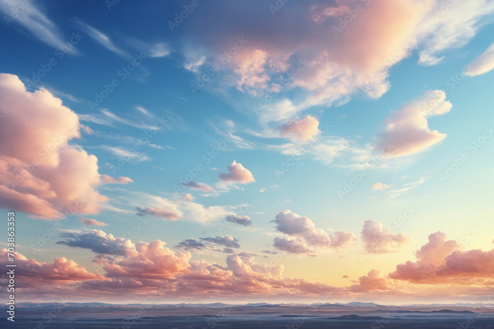 A breathtaking view of the sky filled with fluffy, pink-tinged clouds at sunset.