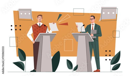 People debate concept. Two men in suit stands with microphones. Public speaking for audience. Two politician perform. Freedom of speech and press conference. Cartoon flat vector illustration