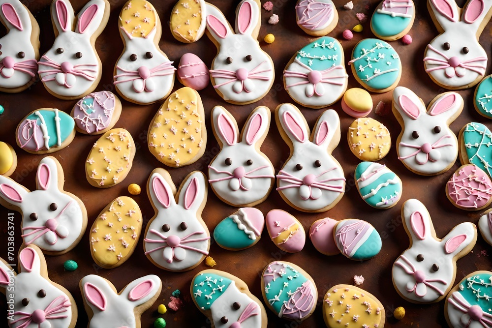 A delectable image featuring homemade Easter Bunny sugar cookies artfully covered with handcrafted marshmallow fondant, showcasing a delightful combination of baking artistry and festive creativity.