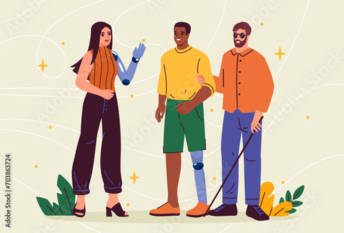 People with disabilities set. Man and woman with prostheses, guy in sunglasses with sticks. Health care and medicine, treatment. Cartoon flat vector collection isolated on beige background