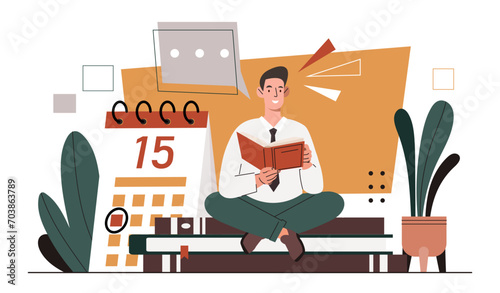 Man reading book concept. Young guy with fiction and textbook. Love for reading and literature. Education, learning and training. Cartoon flat vector illustration isolated on white background