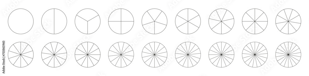 Segmented charts. Set of pizza, pie chart template. Many number of sectors divide the circle on equal parts. Collection of segments infographic. Diagram wheel parts. Vector outline black thin graphics - obrazy, fototapety, plakaty 