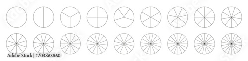 Segmented charts. Set of pizza, pie chart template. Many number of sectors divide the circle on equal parts. Collection of segments infographic. Diagram wheel parts. Vector outline black thin graphics