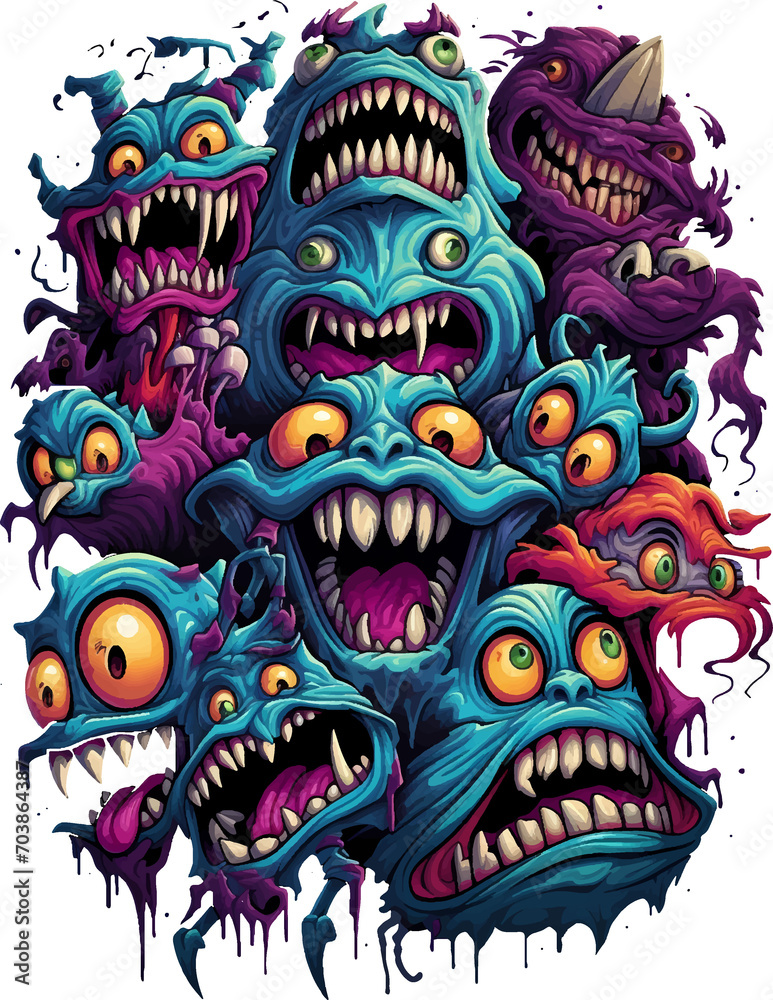 T-shirt design featuring cartoon monsters with funny and scary expressions, transparent background