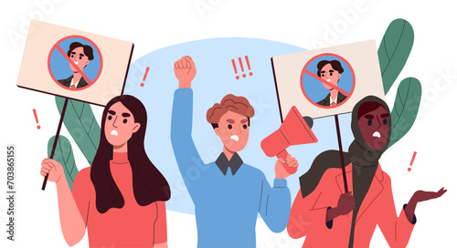 Protest against politician. People at rally. Political activists with placards. Freedom of speech. Man and woman fight for rights. Cartoon flat vector illustration isolated on white background