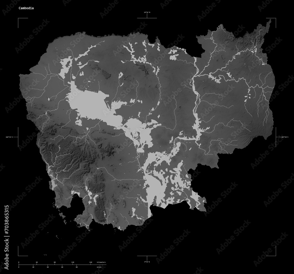 Cambodia shape isolated on black. Grayscale elevation map