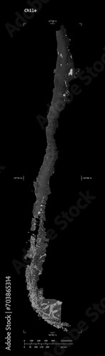 Chile shape isolated on black. Grayscale elevation map
