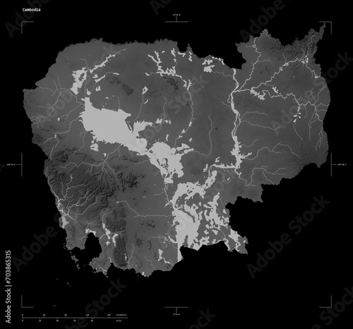 Cambodia shape isolated on black. Grayscale elevation map