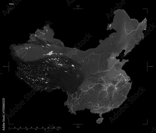 China shape isolated on black. Grayscale elevation map