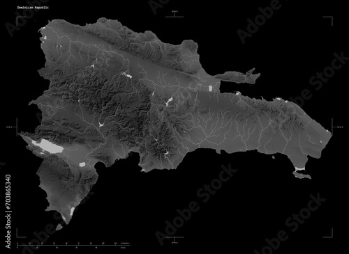 Dominican Republic shape isolated on black. Grayscale elevation map
