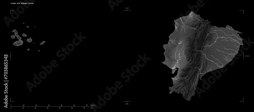 Ecuador with Galápagos Islands shape isolated on black. Grayscale elevation map