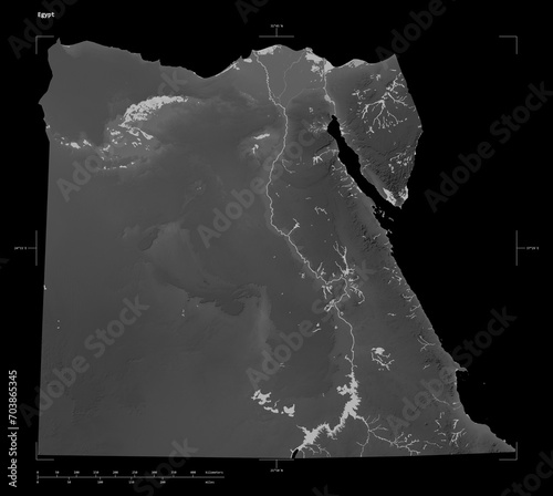 Egypt shape isolated on black. Grayscale elevation map