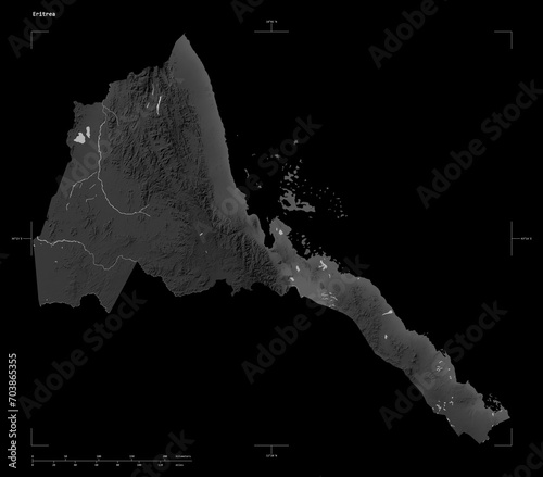 Eritrea shape isolated on black. Grayscale elevation map