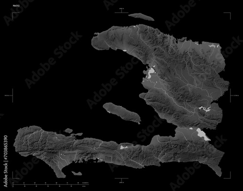 Haiti shape isolated on black. Grayscale elevation map