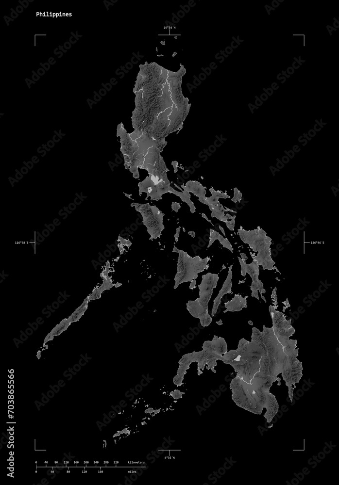 Philippines shape isolated on black. Grayscale elevation map