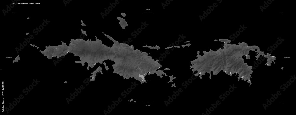 U.S. Virgin Islands - Saint Thomas shape isolated on black. Grayscale elevation map