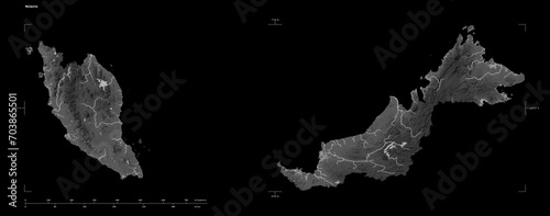 Photography Malaysia shape isolated on black. Grayscale elevation map
