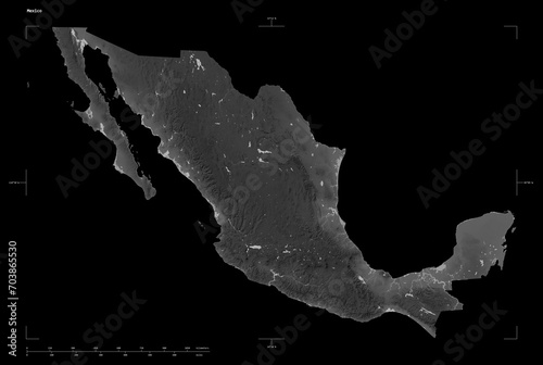 Mexico shape isolated on black. Grayscale elevation map