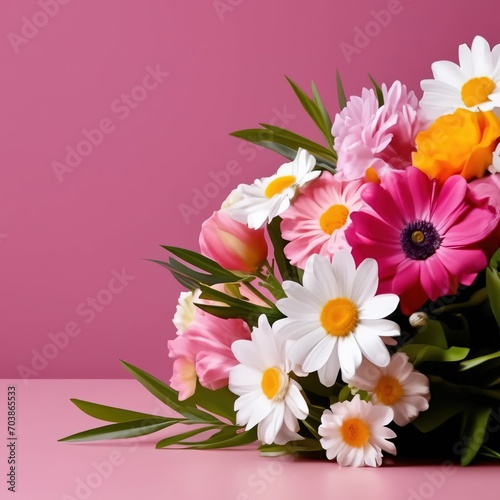 bouquet of flowers on a bright pink background with space for text. template for card  banner.