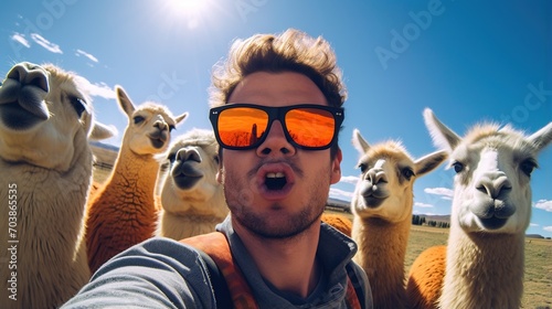 A man taking a selfie with a group of llamas, photo