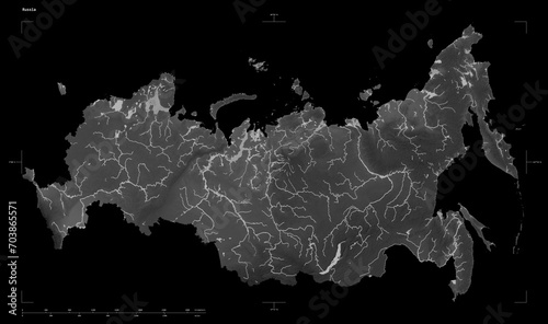 Russia shape isolated on black. Grayscale elevation map