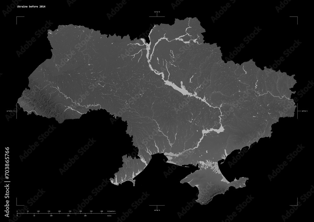 Ukraine before 2014 shape isolated on black. Grayscale elevation map