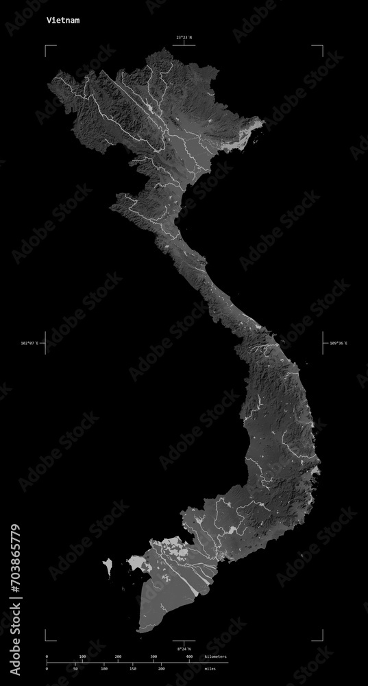 Vietnam shape isolated on black. Grayscale elevation map