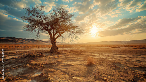 An evocative image capturing the harsh beauty of a solitary dried tree standing resilient in the midst of a scorching desert landscape. Ai generated © dragomirescu