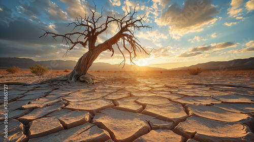 An evocative image capturing the harsh beauty of a solitary dried tree standing resilient in the midst of a scorching desert landscape. Ai generated photo