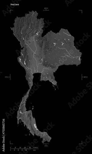 Thailand shape isolated on black. Grayscale elevation map