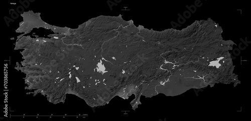 Fototapeta Naklejka Na Ścianę i Meble -  Türkiye shape isolated on black. Grayscale elevation map