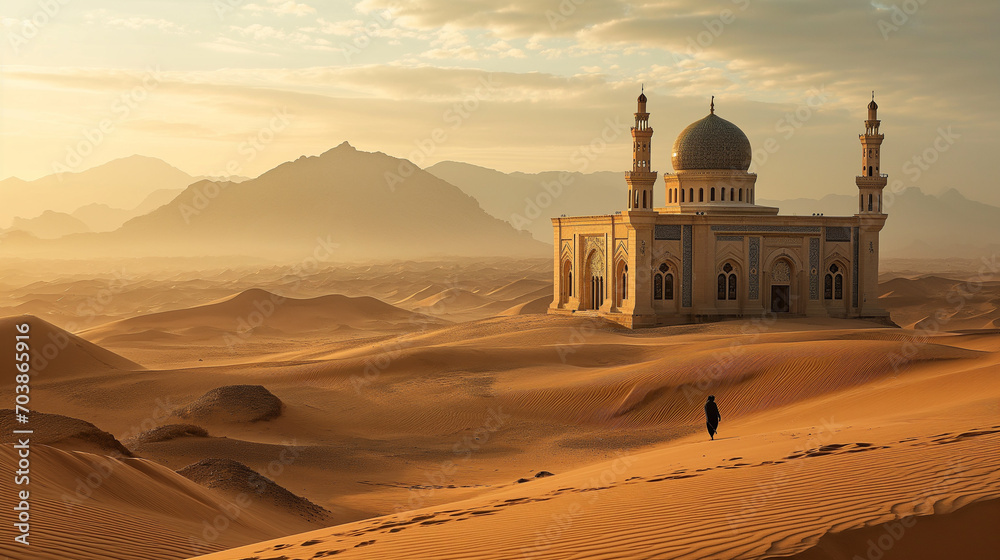 The awe inspiring beauty of a grand mosque in the heart of the vast desert a testament to both architectural magnificence and the serenity of isolated landscapes. Ai generated