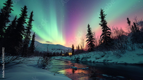 Witness the enchanting dance of the mesmerizing northern lights or  or aurora borealis with breathtaking landscapes. Ai generated © dragomirescu