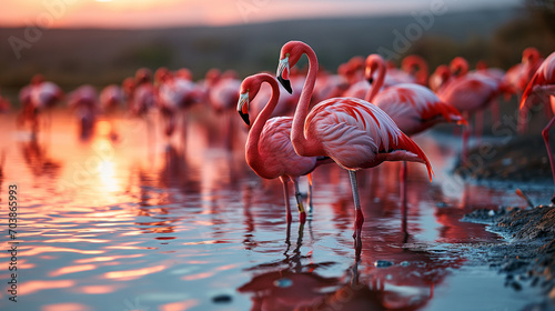 Capture the grace and beauty of pink flamingos as they adorn the serene landscape of a tranquil lake. Ai generated © dragomirescu