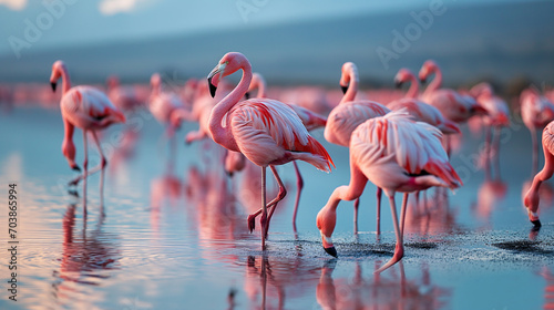Capture the grace and beauty of pink flamingos as they adorn the serene landscape of a tranquil lake. Ai generated © dragomirescu